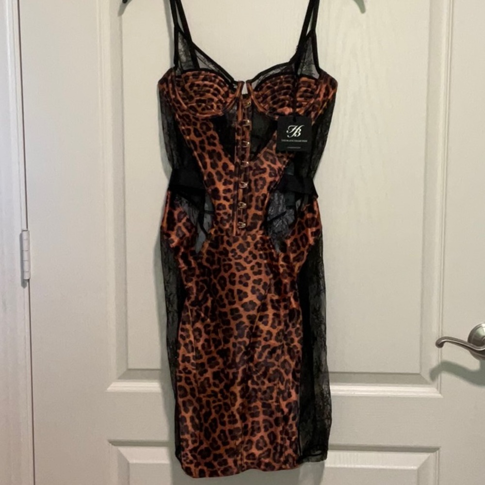 Honey Birdette NWT 34C Leopard Print Dress with Black Lace side panels